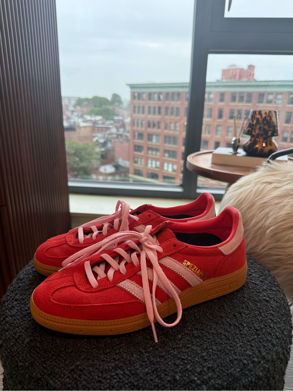 adidas Womens Red Suede Spezial Sneakers with Pink Stripes
